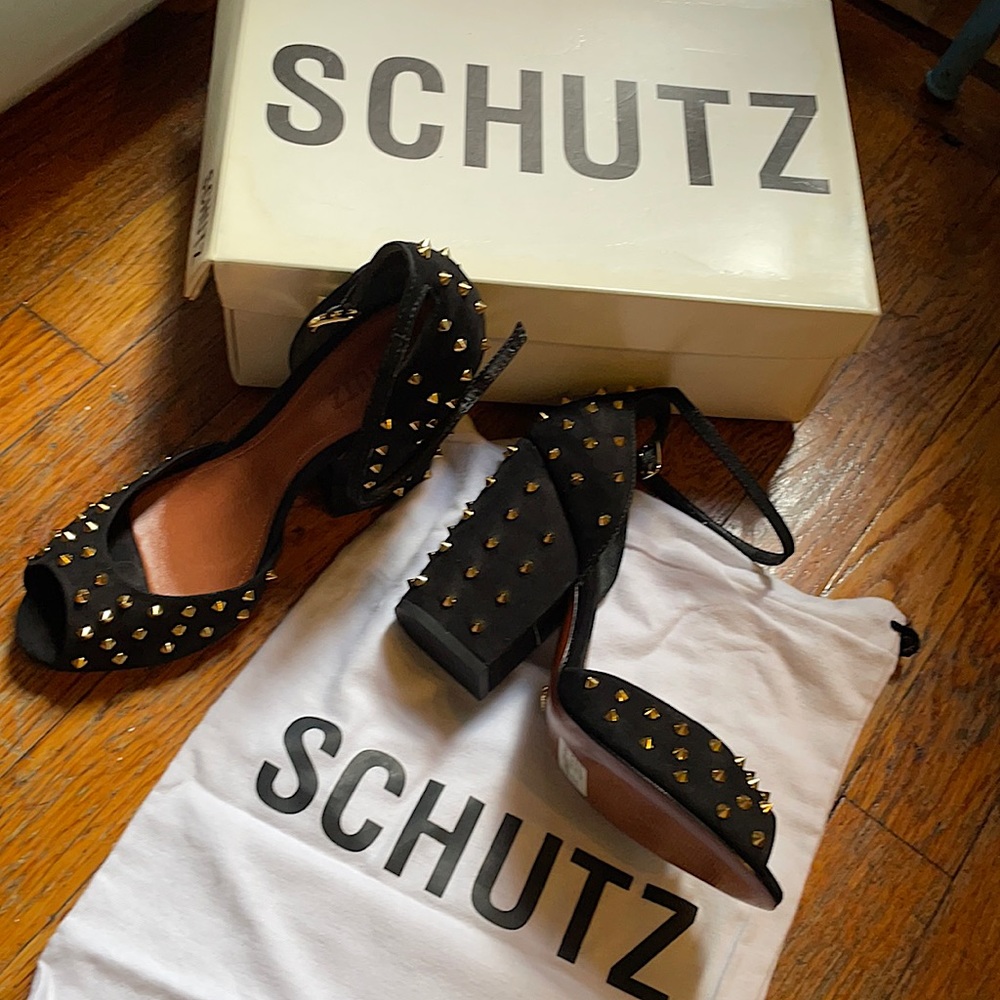 New size 8.5 Shutz Black suede nubuck leather gold studded Approx 3.5” heel